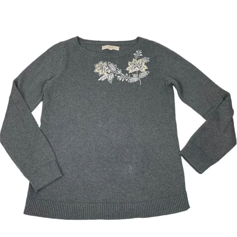 Loft Gray Sweater Floral Embroidered Sweater size Medium